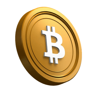 Elemento visual de la sección hero con una moneda Bitcoin BTC en posición inclinada